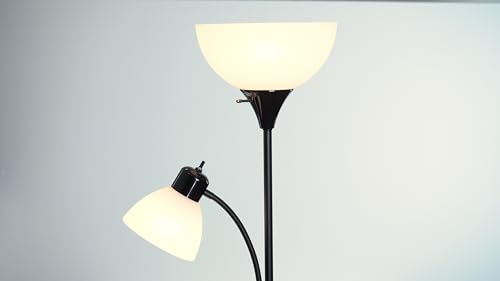72" Torchiere Floor Lamp and Adjustable Reading Light, Matte Black, Frosted Shade, Dual Rotary Switch, 3-Step Dimming, Modern Lighting for Living Room or Office