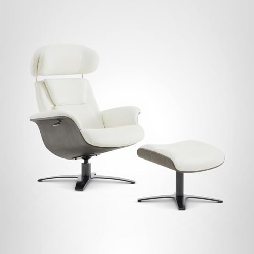 Genuine Leather Reclining Swivel Chair with Adjustable Headrest and Ottoman for Living Room, White