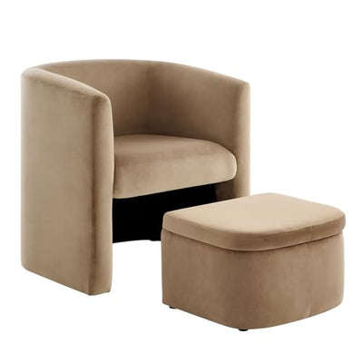 Morden Velvet Barrel Accent Chair with Storage Ottoman Set of 2, Upholstered Living Room Side Chair, Single Sofa Armchair with Lounge Seat for Bedroom/Office/Reading Spaces, Khaki
