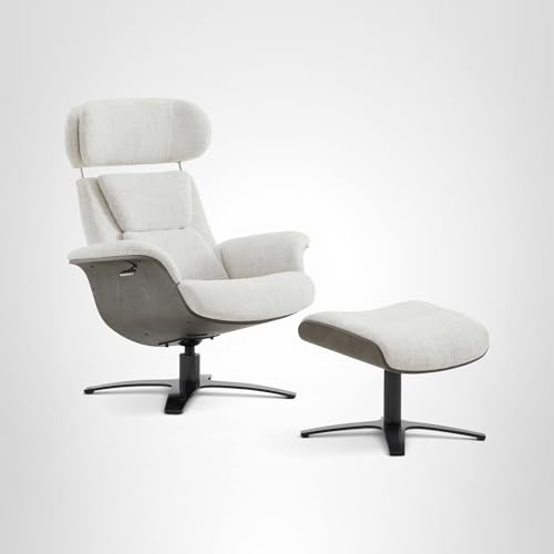 Fabric Reclining Swivel Chair with Adjustable Headrest and Ottoman for Living Room, White (Multi-Colored)