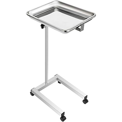 Lab Cart, Stainless Steel Mayo Tray Stand 18 x 14 in Trolley Mayo Stand, Adjustable Height 32-51 in Instrument Tray with Removable Tray & 4 Omnidirectional Wheels, Ideal for Home Equipment