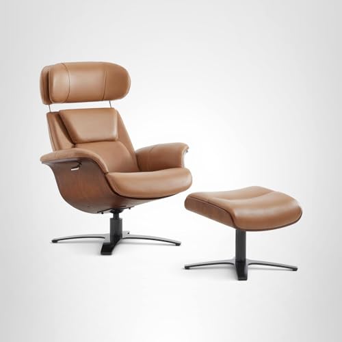 Genuine Leather Reclining Swivel Chair with Adjustable Headrest and Ottoman for Living Room, Saddle