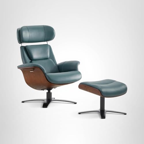 Genuine Leather Reclining Swivel Chair with Adjustable Headrest and Ottoman for Living Room, Teal