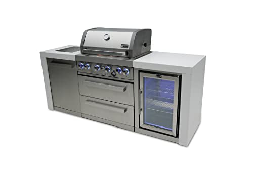 32-Inch 4-Burner 78000 BTU Deluxe Stainless Steel Gas Outdoor Kitchen Bar Barbecue Island Grill w/Infrared Side Burner + Wine Cooler Compact Refrigerator + Rotisserie Kit