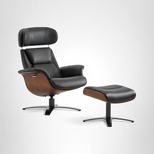 Genuine Leather Reclining Swivel Chair with Adjustable Headrest and Ottoman for Living Room, Black