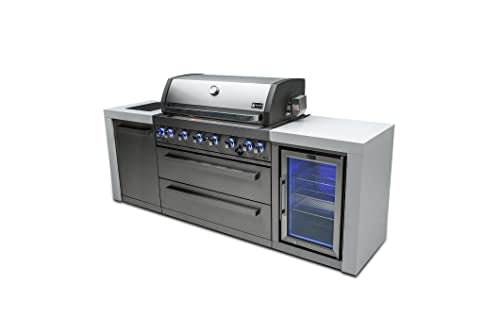 805 MAi805-DFC 115000 BTU Stainless Steel Deluxe Modular Outdoor Kitchen Island BBQ Grill with Fridge Cabinet + Infrared Rear & Side Burner + Granite Countertops + Rotisserie Kit & Cover