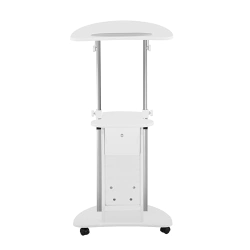 Adjustable Height Rolling Laptop Cart with Storage, Sit to Stand Desk with Wheels, Podium Stand or Medical Cart, White