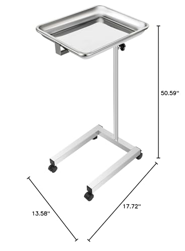 Lab Cart, Stainless Steel Mayo Tray Stand 18 x 14 in Trolley Mayo Stand, Adjustable Height 32-51 in Instrument Tray with Removable Tray & 4 Omnidirectional Wheels, Ideal for Home Equipment