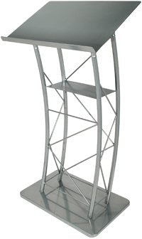Large Curved Lectern with Shelf, Stand Up Church Pulpit, Slanted Lectern, Conference Podium for Speakers, Speeches, and Other Occasions- Truss Lectern, Silver Powder Coat Finish, Metal