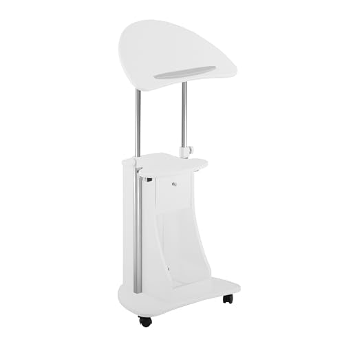 Adjustable Height Rolling Laptop Cart with Storage, Sit to Stand Desk with Wheels, Podium Stand or Medical Cart, White
