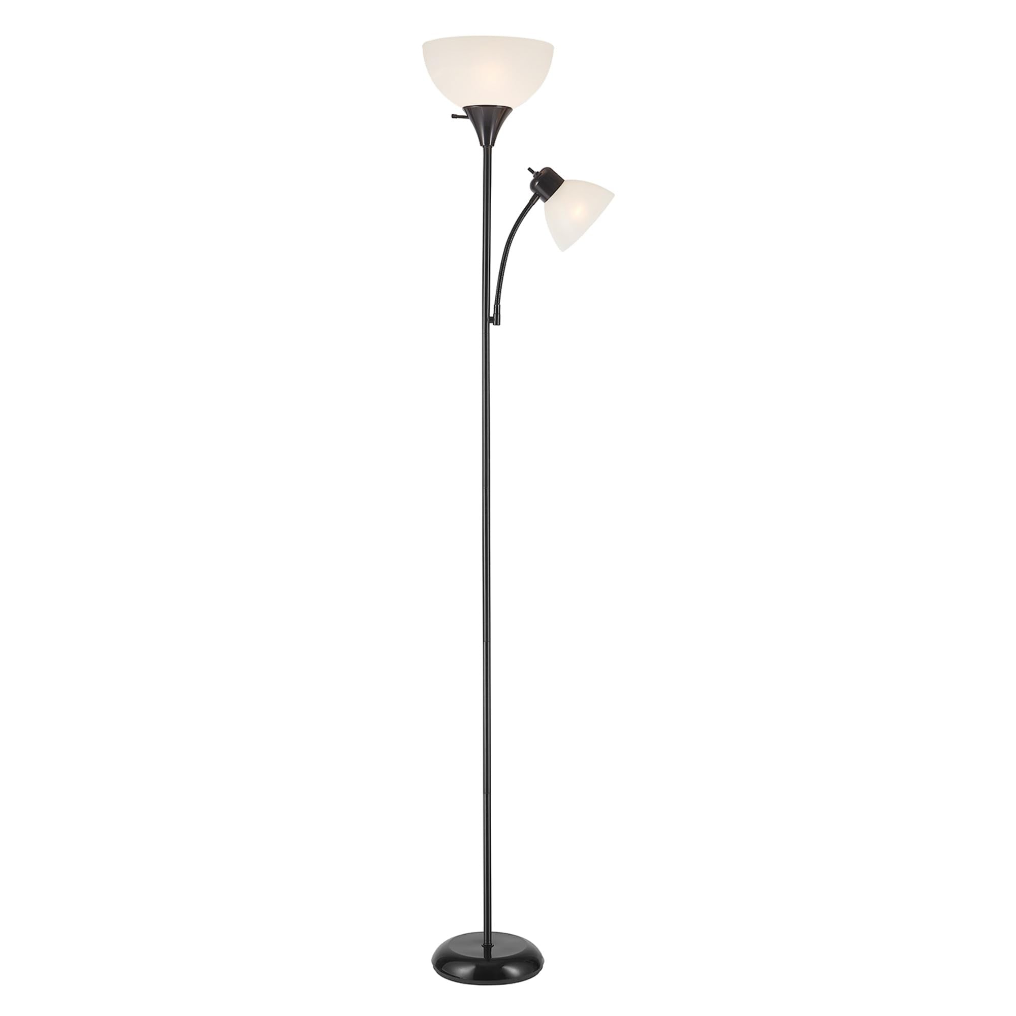 72" Torchiere Floor Lamp and Adjustable Reading Light, Matte Black, Frosted Shade, Dual Rotary Switch, 3-Step Dimming, Modern Lighting for Living Room or Office