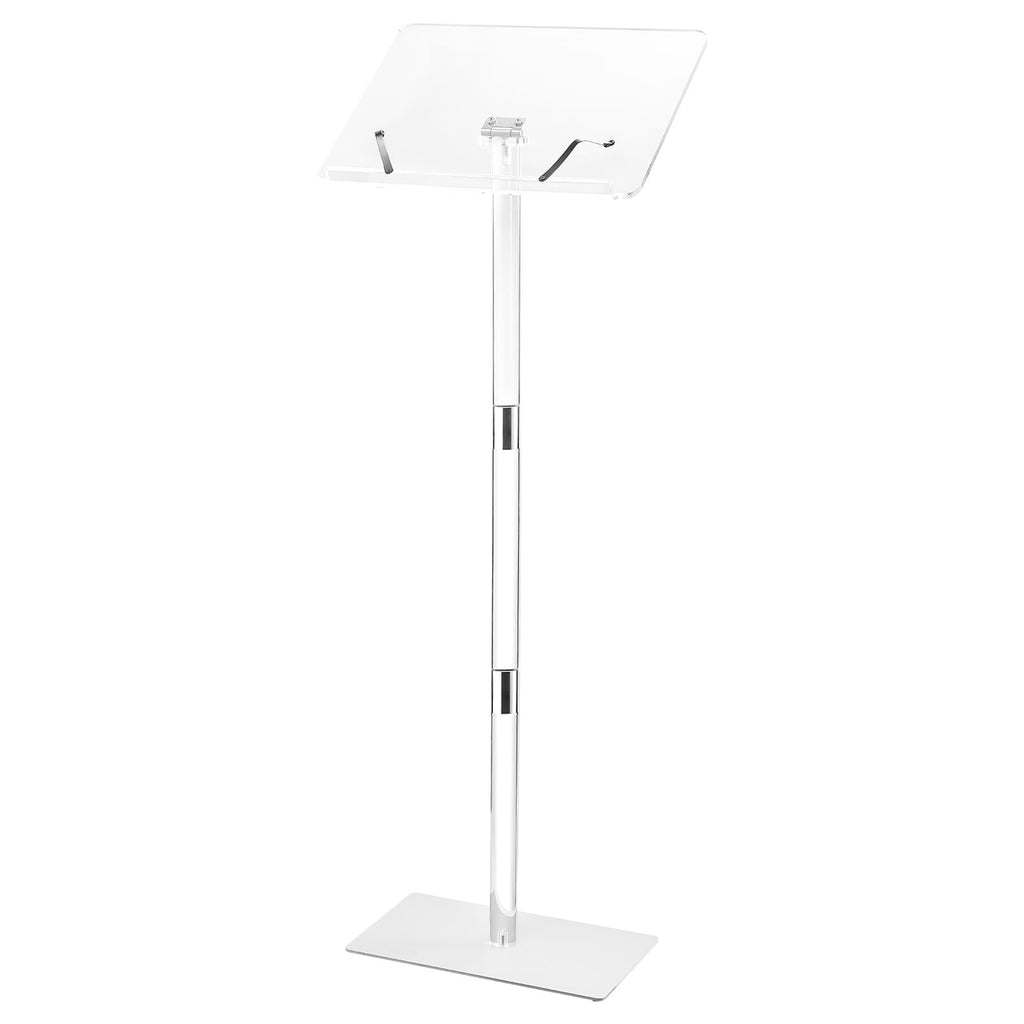 Podium Stand, 41-Inch Acrylic Lectern, Portable Laptop Desk with Wide Reading Surface, Book Clips, Adjustable Angle, Floor-Standing, for Classroom, Wedding, Conference, Lecture and Concert