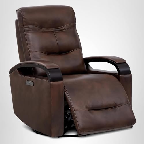 Genuine Leather Power Swivel Glider Rocker Recliner, FSC Certified Mid Century Modern Recliner Chair for Adults, Adjustable Power Headrest, for Nursery and Living Room, Cognac Brown