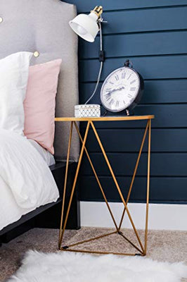 Metal Accent Table Triangle Base Round Mirror Top, Gold