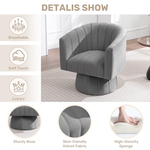 Swivel Accent Barrel Chair, Cute Comfy Small Round 360° Arm Chair. Velvet Sofa Club Reading Chair for Living Room Bedroom Office Grey