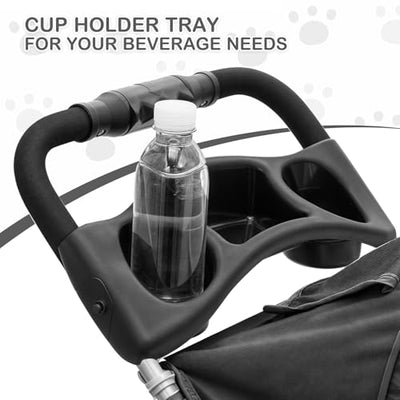 Foldable Pet Stroller with Weather Cover, 3 Wheels Pet Strolling Cart for Small/Medium Dogs and Cats with Storage Basket and Cup Holder, Breathable and Visible Mesh for All-Season, Black
