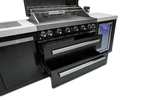44-inch 6-Burner 115000 BTU Black Stainless Steel Gas Outdoor Kitchen Bar Island Grill w/Wine Cooler Beverage Center Refrigerator + Infrared Side Burner + Granite Countertop