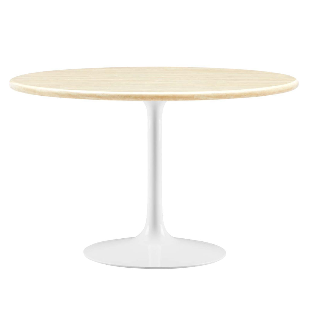 48" Round Artificial Dining Table with Tapered, Metal Base, White Travertine