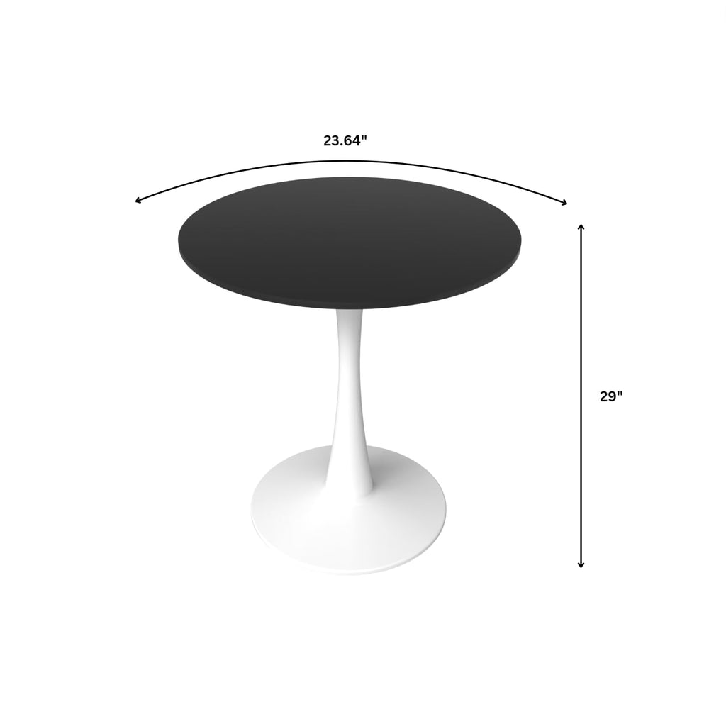 24" Wide Round Dining Table, Modern MDF Wood Top & White Metal Pedestal Base Gloss Finish Accent Table Mid-Century Café Table, Kitchen Dining Room Furniture, Black