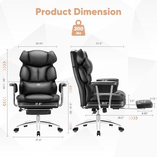Executive Home Office Desk Chair - Ergonomic Big Tall High Back with Footrest & Lumbar Support, Reclining Height Adjustable, Comfy PU Leather Computer Gaming with Swivel Wheels, Black