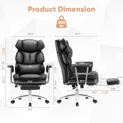 Executive Home Office Desk Chair - Ergonomic Big Tall High Back with Footrest & Lumbar Support, Reclining Height Adjustable, Comfy PU Leather Computer Gaming with Swivel Wheels, Black