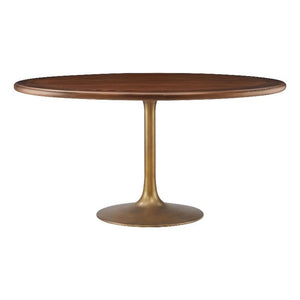 60 Inch Round Wood Dining Table with Metal Pedestal in Brass Walnut - Modern Industrial Dining Table for 6 People - Solid Wood Tulip Kitchen Table