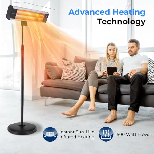 Infrared Patio Heater, Electric Patio Heater for Indoor/Outdoor Use, Portable Stand Heater with Remote Control, 1500 W, for Restaurant, Patio, Backyard, Garage, Decks (Black)