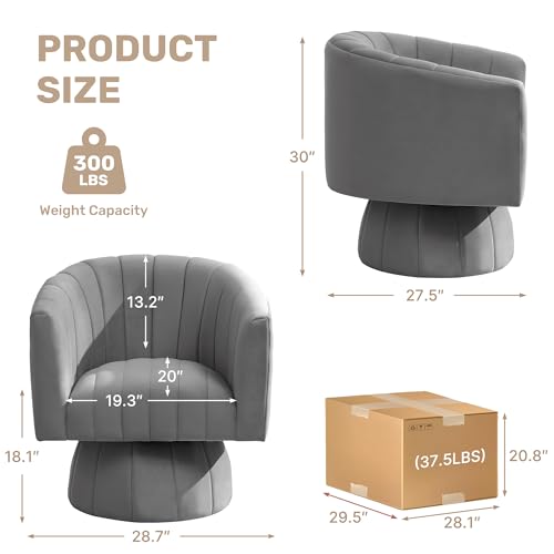 Swivel Accent Barrel Chair, Cute Comfy Small Round 360° Arm Chair. Velvet Sofa Club Reading Chair for Living Room Bedroom Office Grey