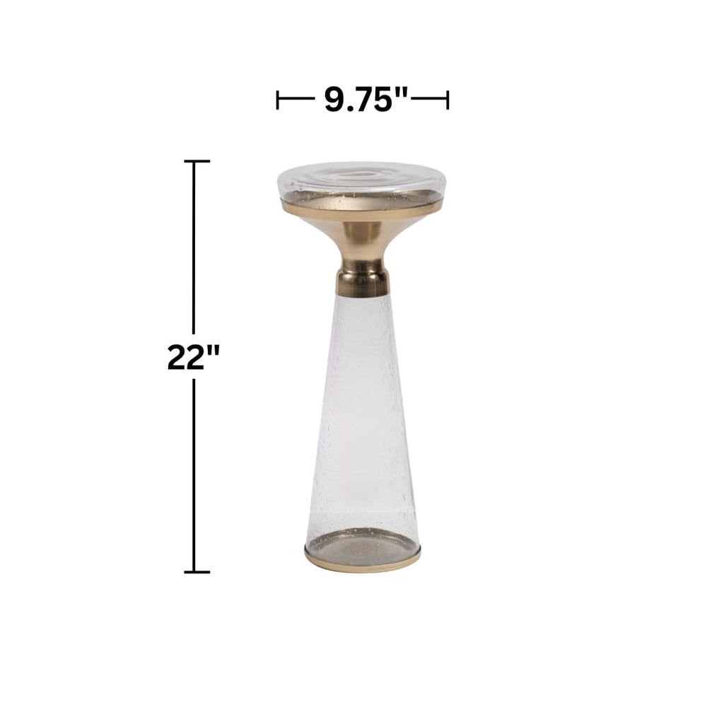 Modern Decorative Round Drink Table with Glass Base and Top with Gold Metal Accent, Martini, Gold Pedestal Table, Tall Side Table, Small Space end Table, for Living Room & Bedroom, Clear,Assembled