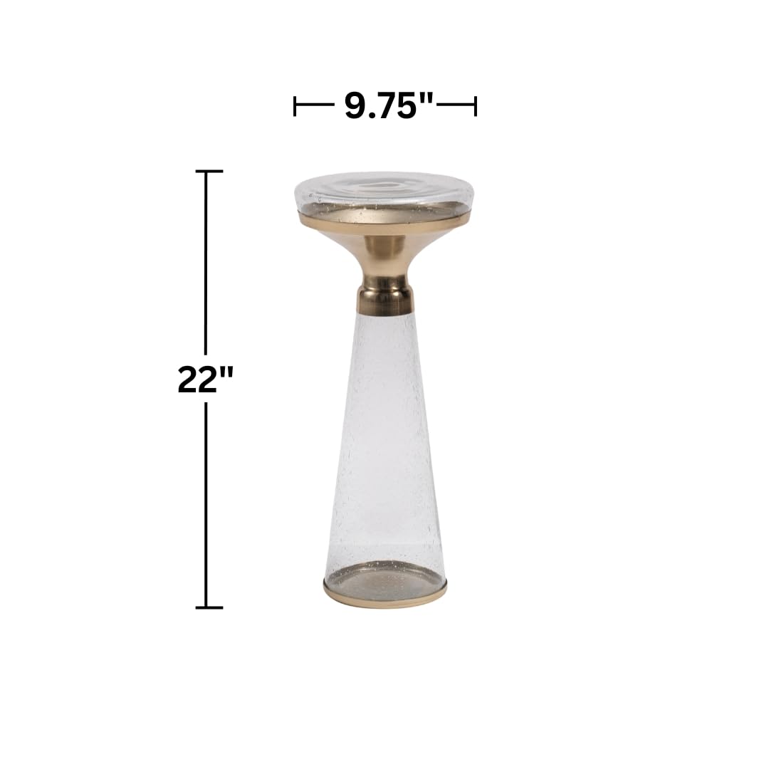 Modern Decorative Round Drink Table with Glass Base and Top with Gold Metal Accent, Martini, Gold Pedestal Table, Tall Side Table, Small Space end Table, for Living Room & Bedroom, Clear,Assembled