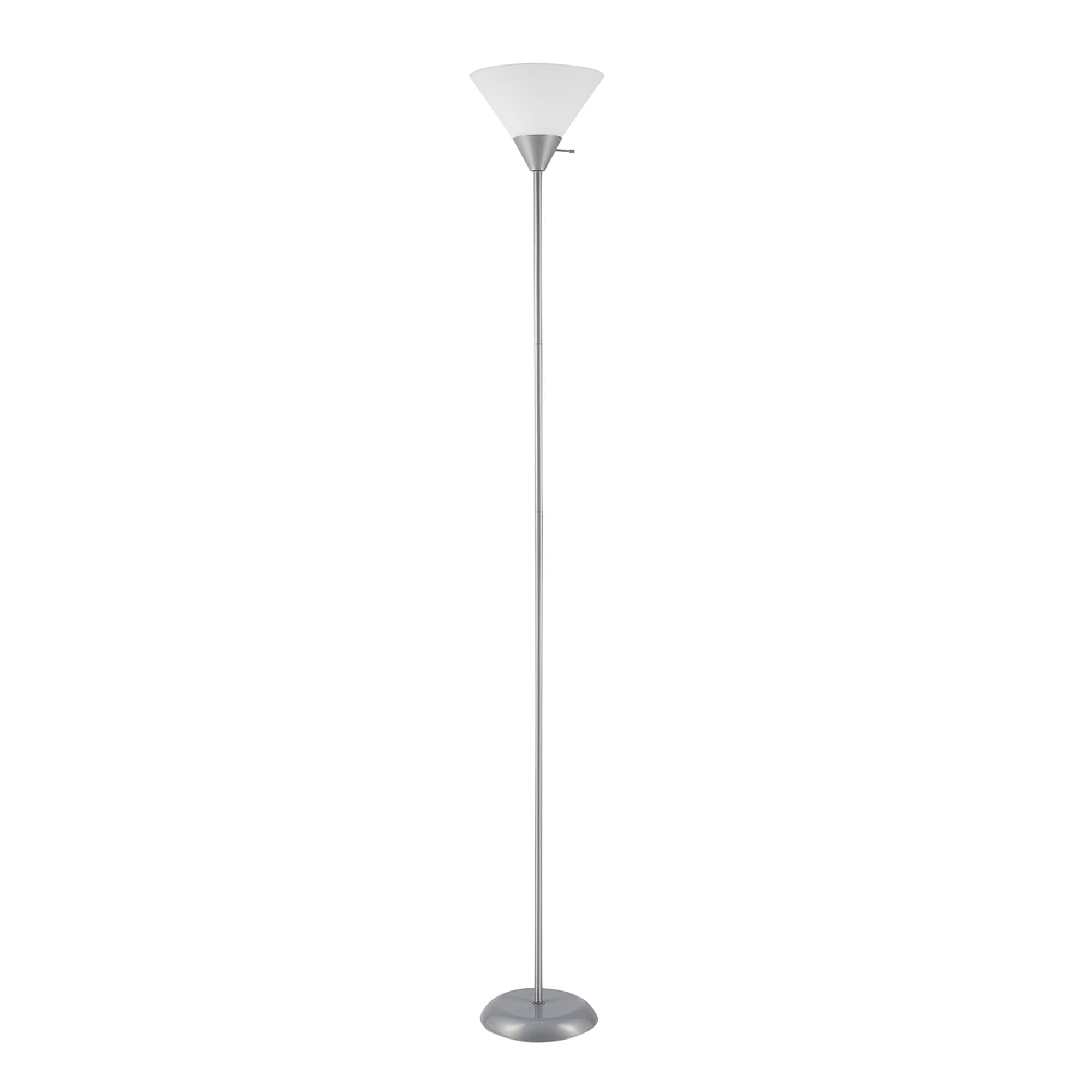 72" Floor Lamp, Silver, White Plastic Shade, On/Off Rotary Switch on Shade, Standing, Living Room Decor, Bedroom, Tall, Corner Light