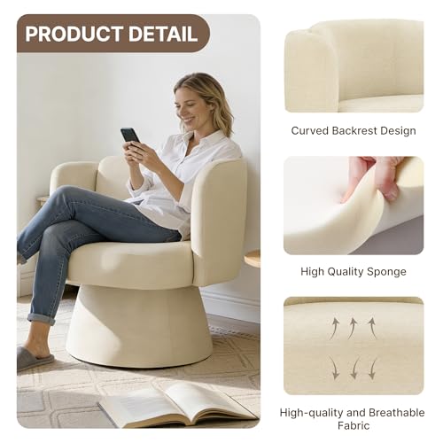 Swivel Barrel Chair,360° Accent Chairs with Round Backrest,Upholstered Lounge Chair for Vanity,Living Room,Bedroom,Reading Nook,Sand