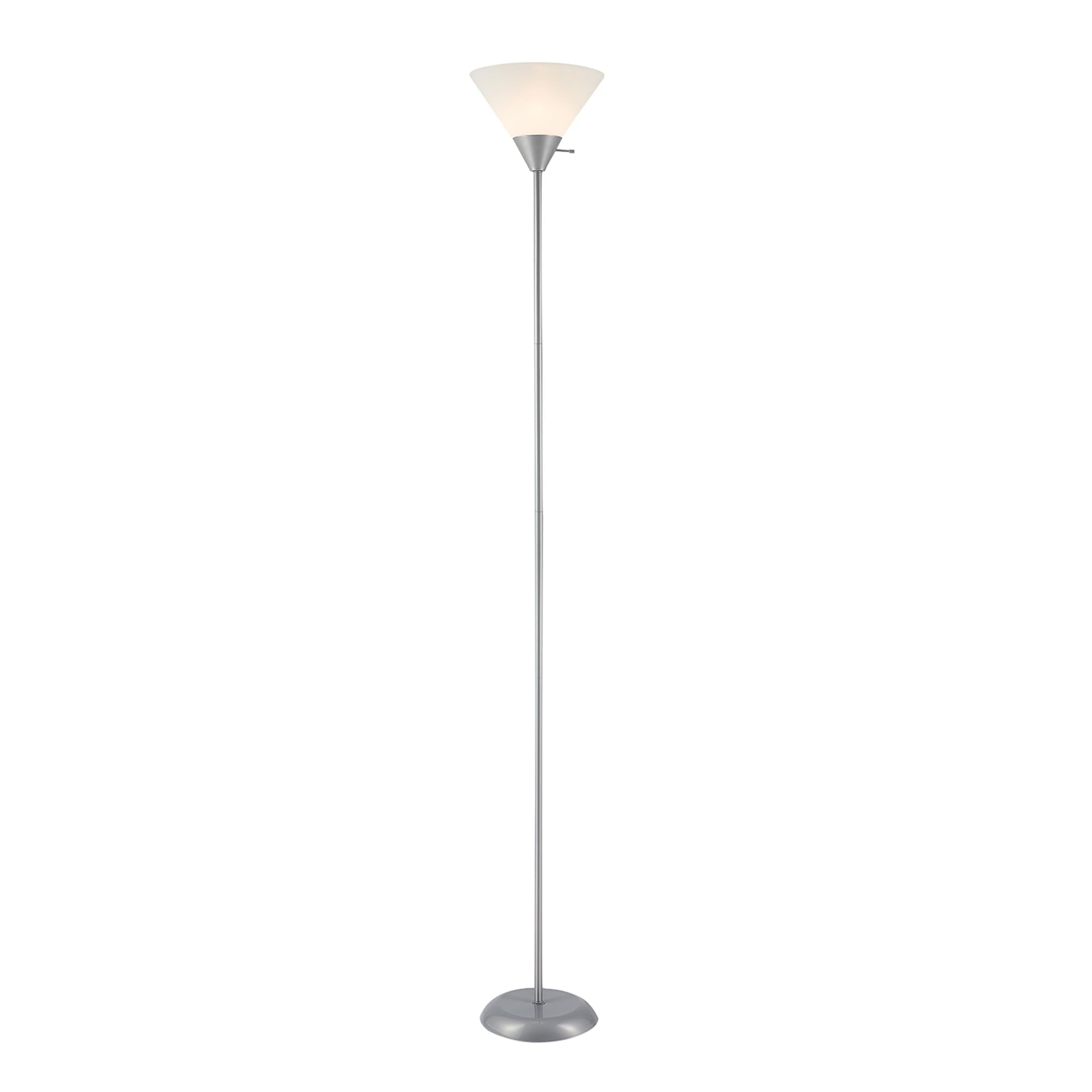 72" Floor Lamp, Silver, White Plastic Shade, On/Off Rotary Switch on Shade, Standing, Living Room Decor, Bedroom, Tall, Corner Light
