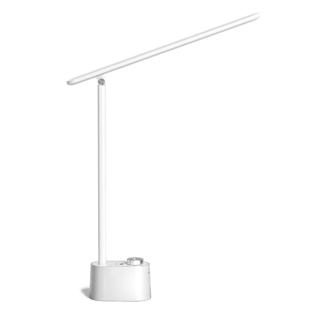LED Desk Lamp with USB Charging Ports - Sunturalux™ HWT-H01 Stepless Dimmable Eye Caring Table Lamp for College Dorm Home Office, Foldable Small Bedside Lamp for Bedroom with Base White