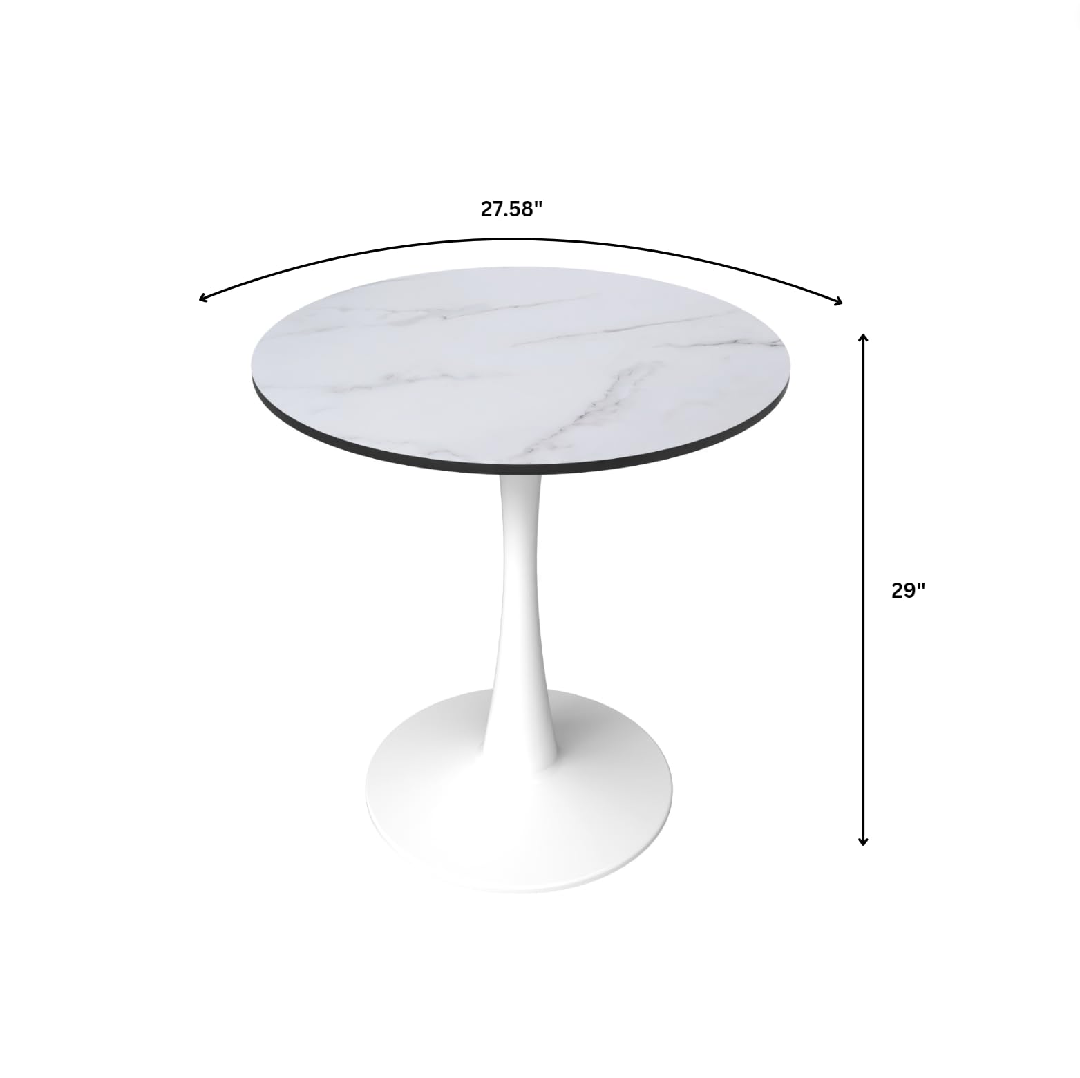 27" Wide Round Dining Table, Modern MDF Wood Top & White Metal Pedestal Base Gloss Finish Accent Table Mid-Century Café Table, Kitchen Dining Room Furniture, White
