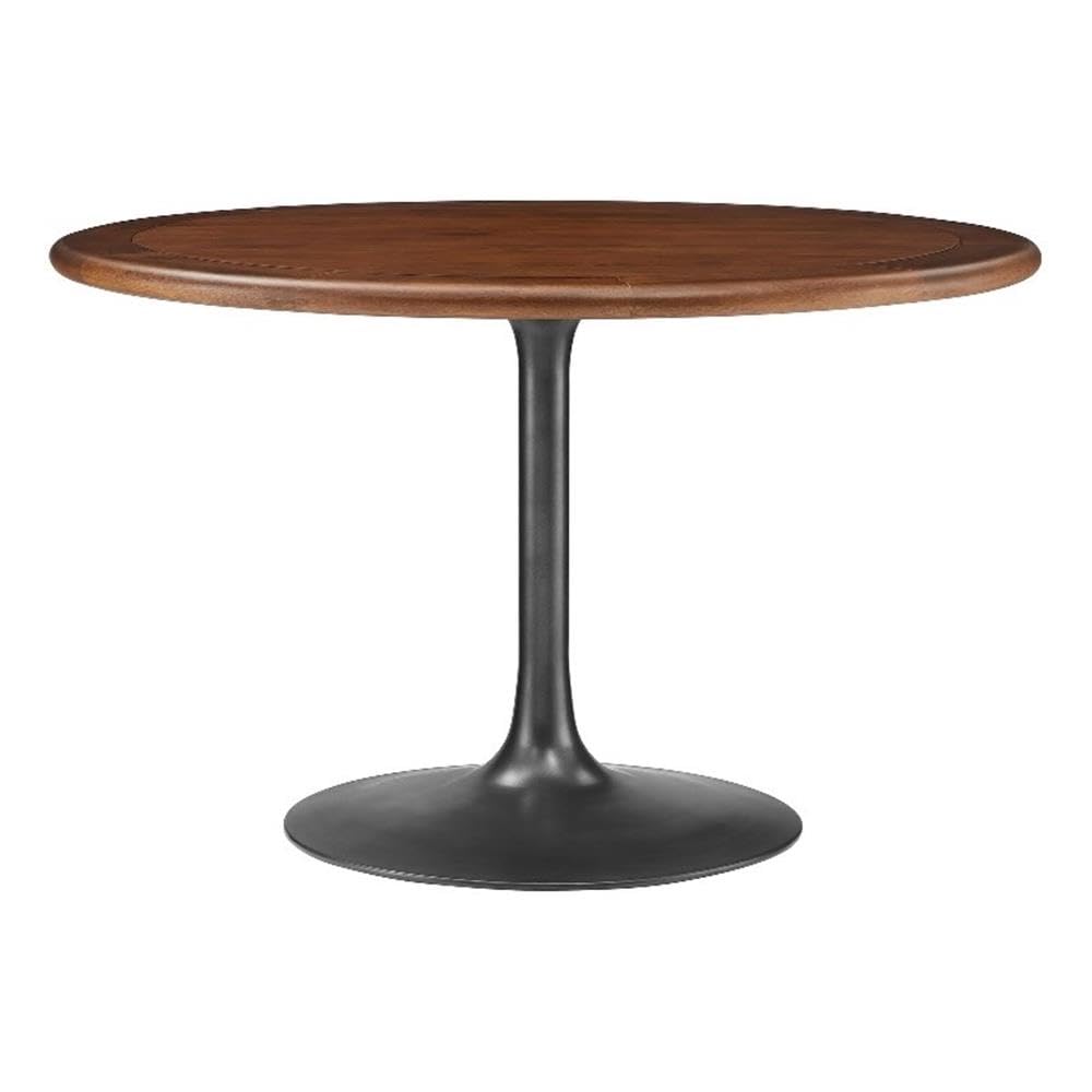 48 Inch Round Wood Dining Table with Metal Pedestal in Black Walnut - Modern Industrial Dining Table for 4 People - Solid Wood Tulip Kitchen Table