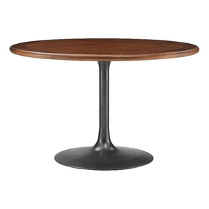 48 Inch Round Wood Dining Table with Metal Pedestal in Black Walnut - Modern Industrial Dining Table for 4 People - Solid Wood Tulip Kitchen Table