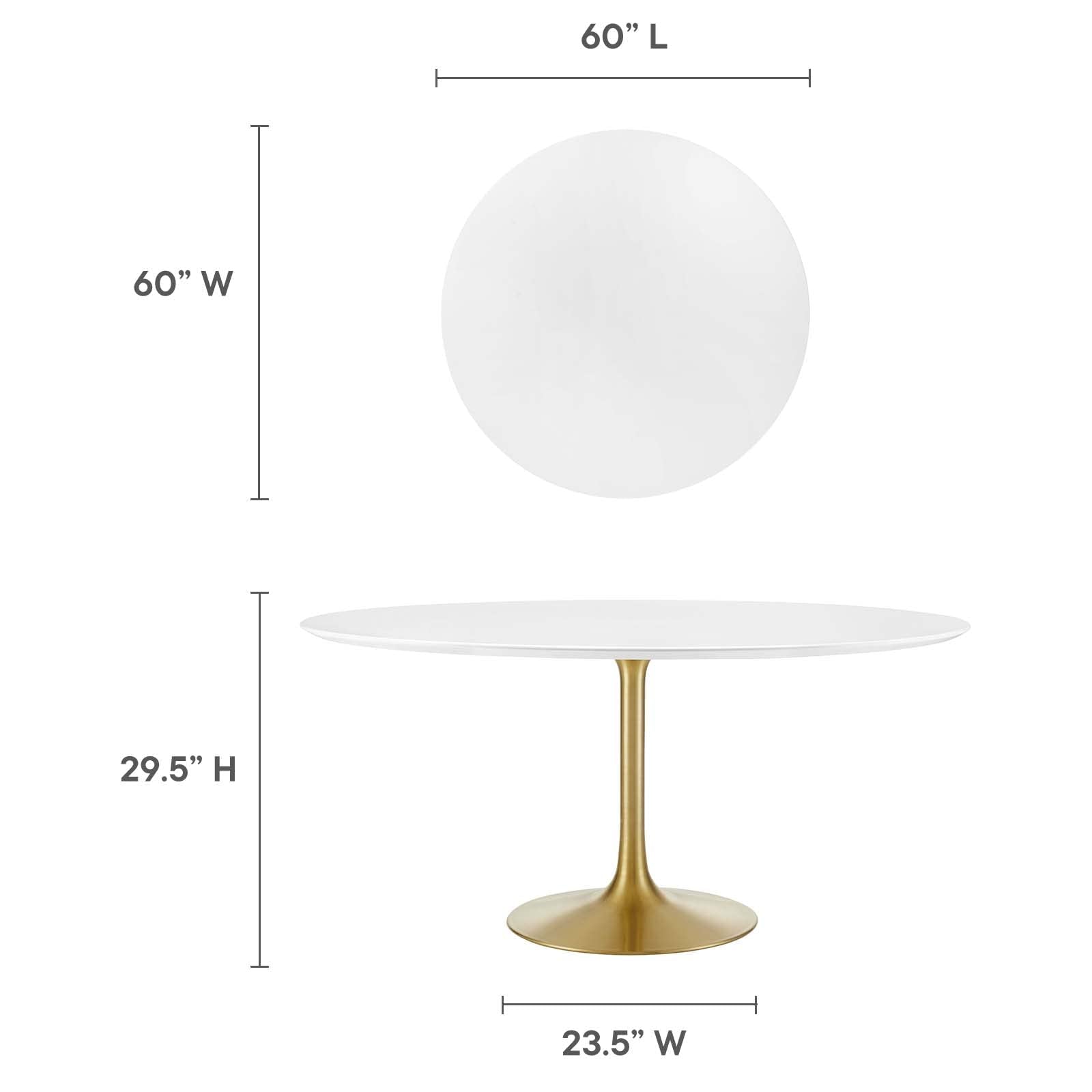 60" Mid-Century Modern Dining Table with Round White Top and Pedestal Base in Gold White