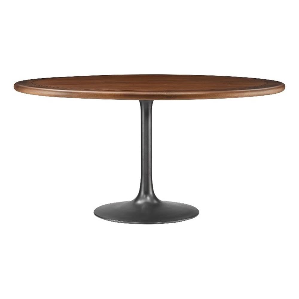 60 Inch Round Wood Dining Table with Metal Pedestal in Black Walnut - Modern Industrial Dining Table for 6 People - Solid Wood Tulip Kitchen Table