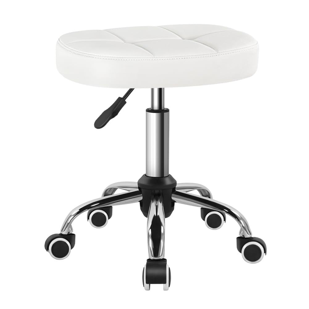 White 6-Square Lattice PU Swivel Stool with Wheel for Work SPA Shop Massage Height-Adjustable and Cost-Effective Rolling Stool Chair