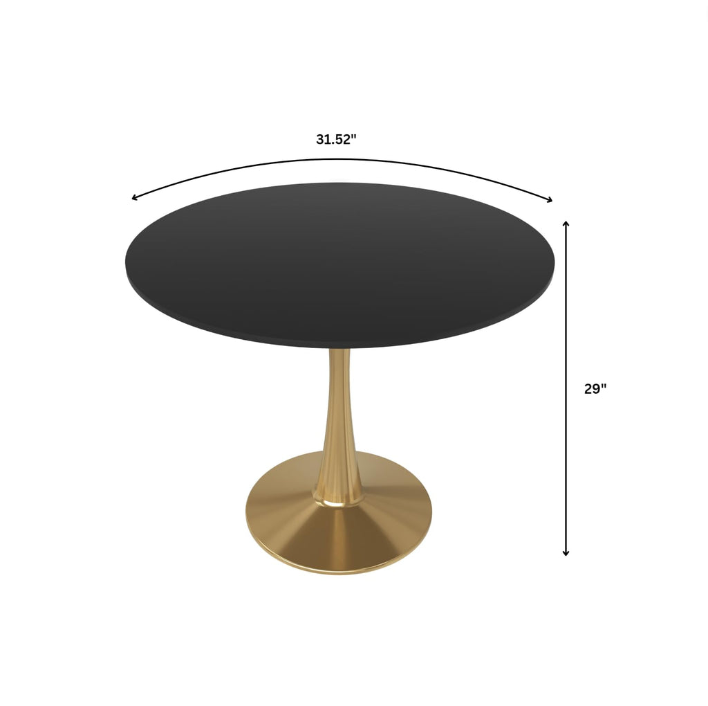 31" Round Dining Table in Black Modern MDF Wood Tabletop with Gold Pedestal Base, Mid-Century Accent Table for Kitchen, Café & Dining Room
