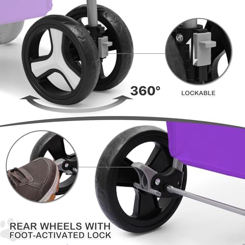 3 Wheels Pet Dog Cat Stroller for Small Medium Dogs Cats, Lightweight Foldable Jogger Stroller w/Storage Basket and Cup Holder, Purple