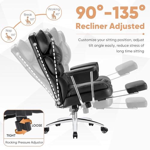 Executive Home Office Desk Chair - Ergonomic Big Tall High Back with Footrest & Lumbar Support, Reclining Height Adjustable, Comfy PU Leather Computer Gaming with Swivel Wheels, Black