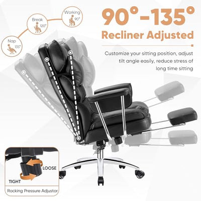 Executive Home Office Desk Chair - Ergonomic Big Tall High Back with Footrest & Lumbar Support, Reclining Height Adjustable, Comfy PU Leather Computer Gaming with Swivel Wheels, Black