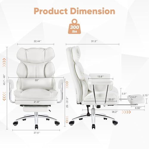 Executive Home Office Desk Chair - Ergonomic Big Tall High Back with Footrest & Lumbar Support, Reclining Height Adjustable, Comfy PU Leather Computer Gaming with Swivel Wheels, White