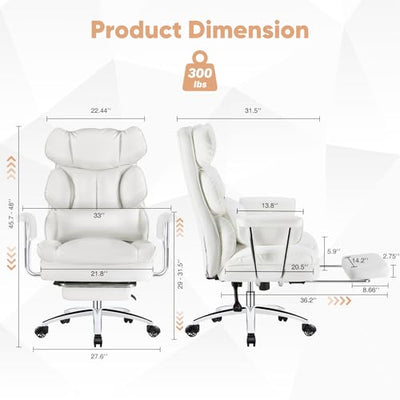 Executive Home Office Desk Chair - Ergonomic Big Tall High Back with Footrest & Lumbar Support, Reclining Height Adjustable, Comfy PU Leather Computer Gaming with Swivel Wheels, White