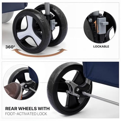 3 Wheels Pet Stroller, Foldable Dog Cat Cage Jogger Stroller with Weather Cover for All-Season, Storage Basket and Cup Holder, Breathable and Visible Mesh for Small/Medium Pets, Blue