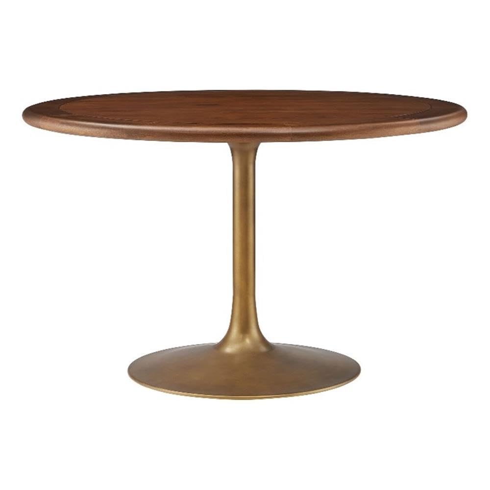 48 Inch Round Wood Dining Table with Metal Pedestal in Brass Walnut - Modern Industrial Dining Table for 4 People - Solid Wood Tulip Kitchen Table