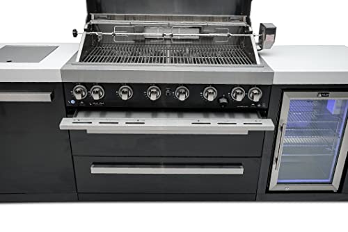 44-inch 6-Burner 115000 BTU Black Stainless Steel Gas Outdoor Kitchen Bar Island Grill w/Wine Cooler Beverage Center Refrigerator + Infrared Side Burner + Granite Countertop