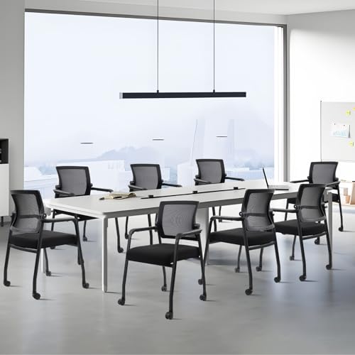 Waiting Room Chairs with Wheels, Adjustable Mesh Backrest, Desk Chair with Ergonomic Lumbar Support and Thickened Seats Cushion, 4 Pack Black